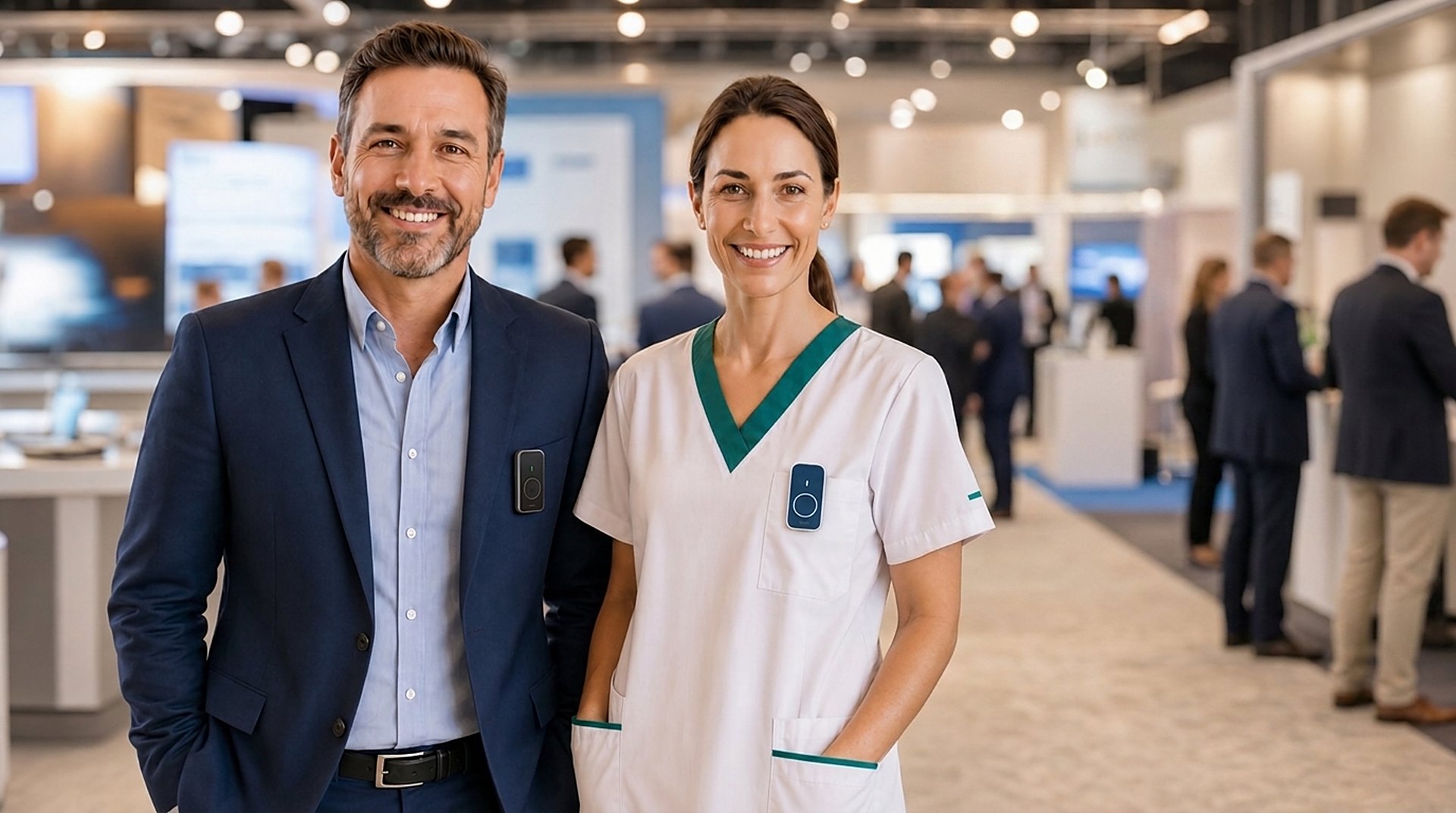 A hotel manager and a nurse wearing the Audiofos Staff Pin