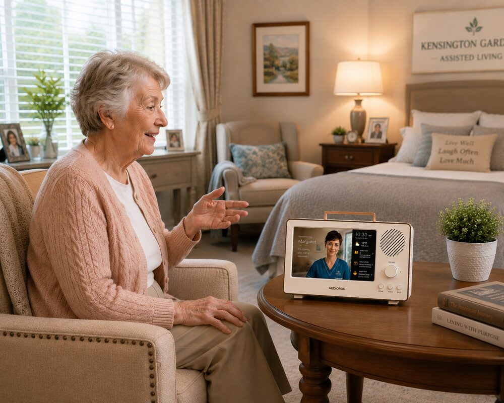A resident talking with Ophelia on the Care Radio