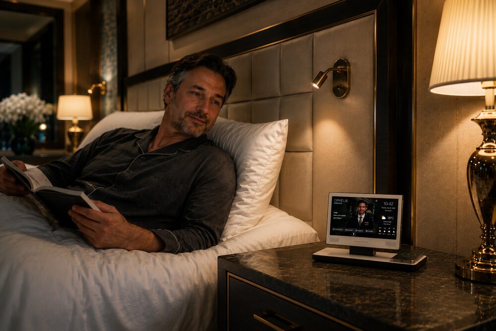 A guest with the Concierge Station on the nightstand